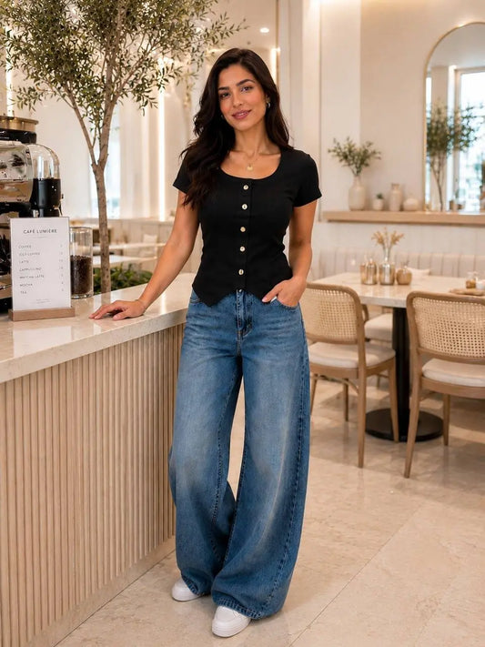 Ribbed Cotton Faux Button Top